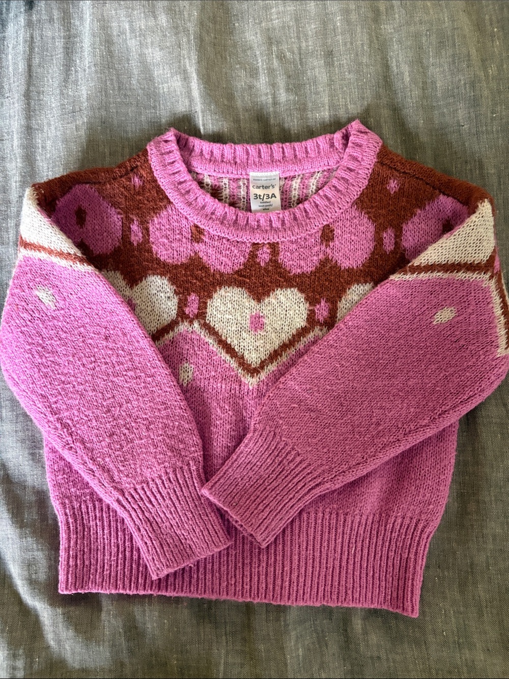 Carter's 3T Pink and Brown Heart-Pattern Crewneck Sweater